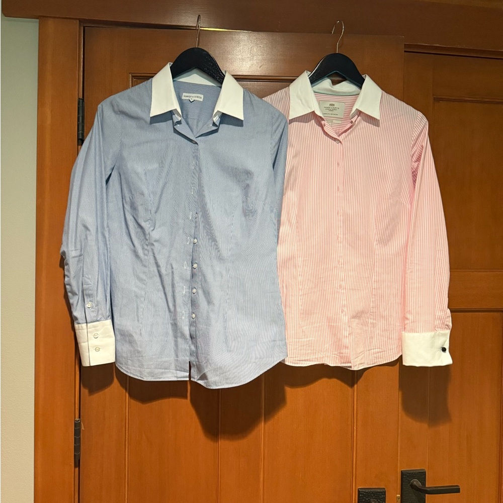 Elegant Blue and Pink Striped Women's Button Down Shirts